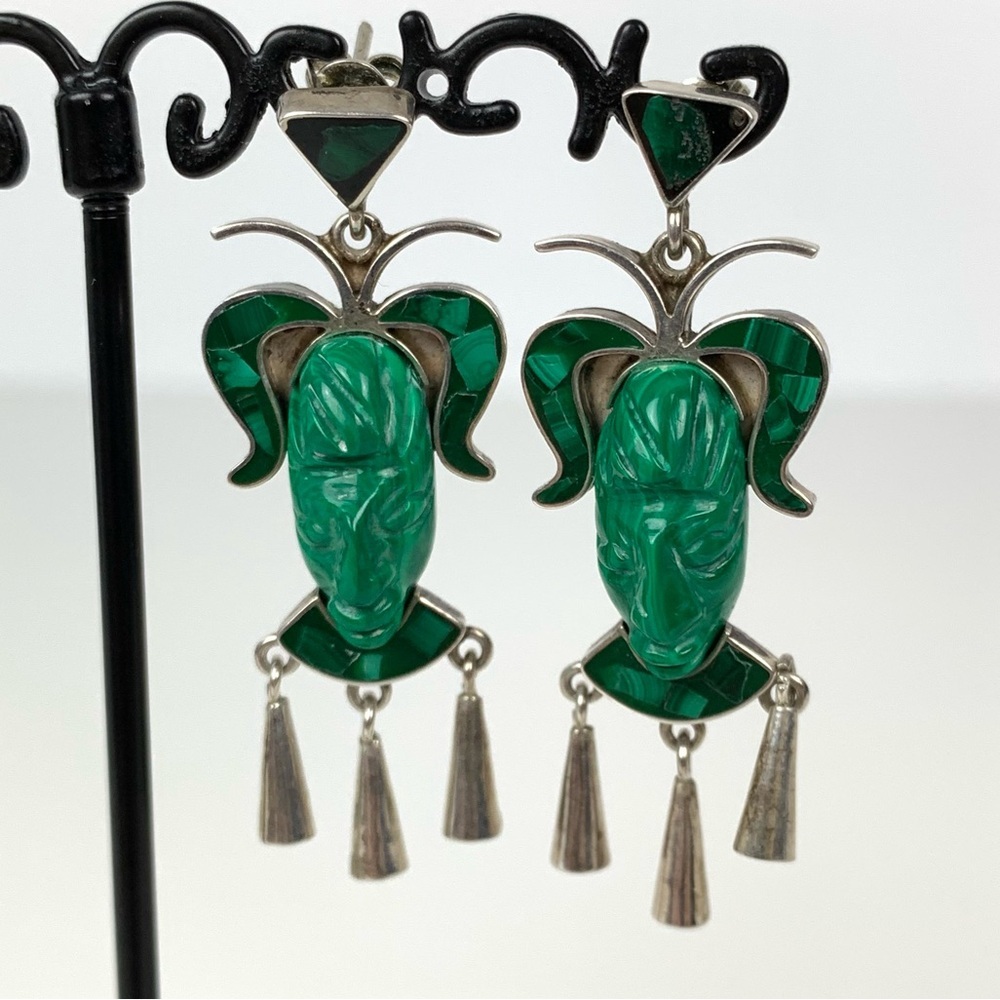 Taxco Sterling Silver Dangle Earrings Malachite Warrior Aztec 950 Mexico Vtg